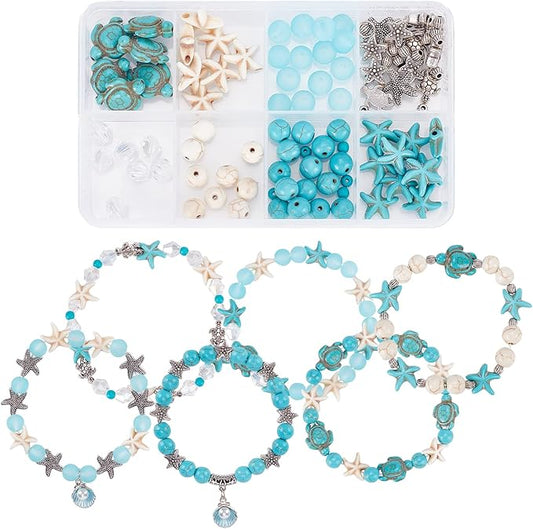 SUNNYCLUE 1 Box DIY 6Pcs Bohemian Style Synthetic Turquoise Turtle Bead Starfish Beads 8mm Beading Bracelet Making Kit Tortoise Beads for Jewelry Making Kit Multi Layer Bracelets Anklets Women Craft