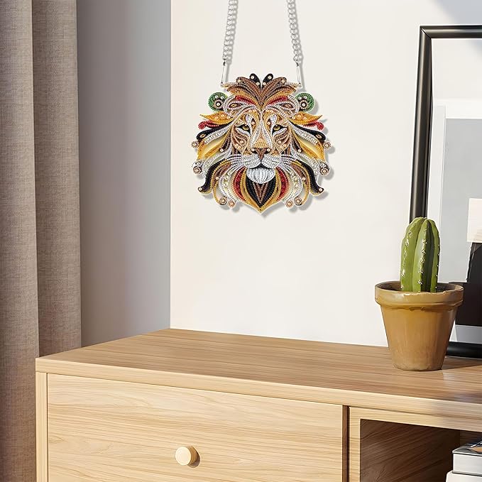 JZHYOAN Tiger Diamond Painting Arts Hanging Kit Diamond Art Window Pendants Home Garden Wall Hanging Kits Acrylic Ornaments Craft Kits Crystal Art Pendant Wind Chimes with Diamonds
