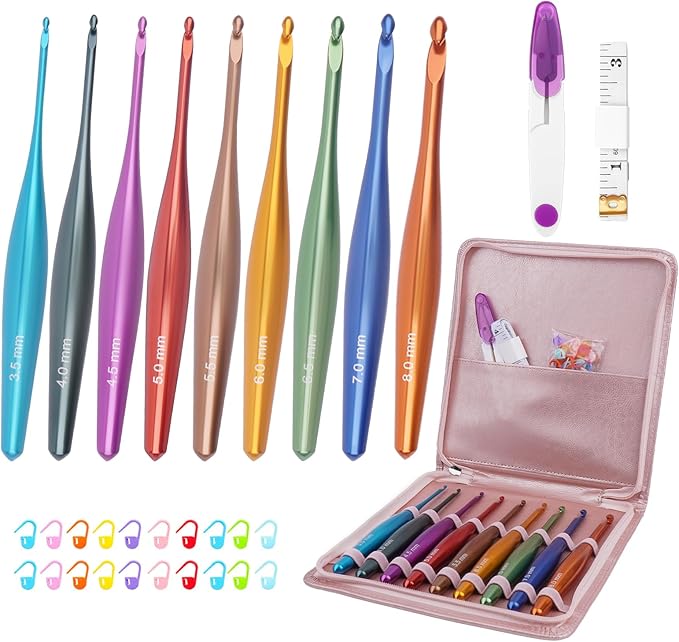 BsHooker Inline Crochet Hook Set Ergonomic Aluminum Crochet Hooks with Case Crochet Set for Arthritic Hands,Crcohet Gift for Beginner(3.5mm-8mm)
