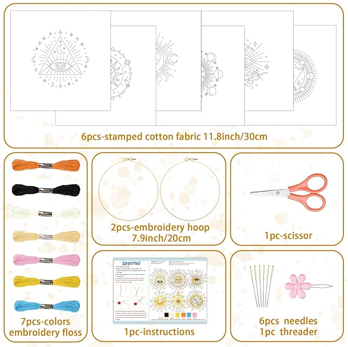 BEUNITONE 6 Sets Tarot Embroidery Kits for Beginners with Dreamy Sun Moon Stars Eye Patterns, DIY Craft Kits for Adults Women with Embroidery Hoops and Full Kits, Needlepoint Kits for Home Decor