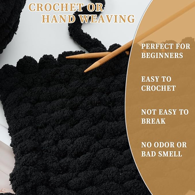 Chunky Chenille Yarn for Crocheting/Arm Knitting, Super Soft Jumbo Knit Blanket Yarn Black 8 Pack (32 yds, 8.5 oz Each Pack)