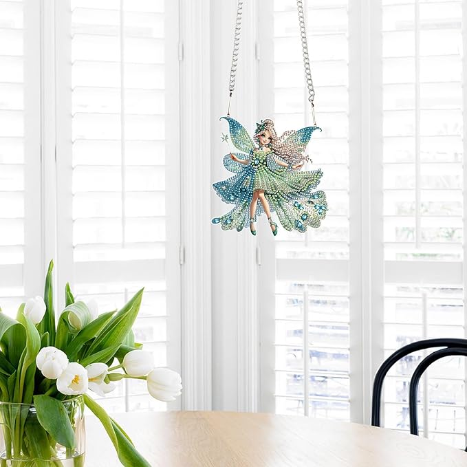 AiYuanzsh Green Butterfly Fairy Diamond Art Painting Hanging Pendant Kit Special Shaped Diamond Dots Art Acrylic Ornaments Diamond Art Painting Pendant for Adult Home Wall Window Decor Gift