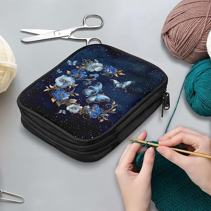 Hechitok Butterfly Flower Crochet Hook Case Without Hooks and Accessories Zipper Storage Organizer Bag with Web Pockets for Various Crochet Needles Accessories Crochet Hook Kit Tools