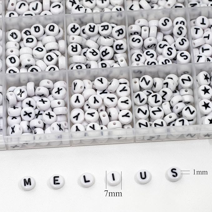 Melius Acrylic Letter Beads, 1450 Pcs 4x7mm Round Alphabet Beads in 28 Grid Box for Jewelry Making, DIY Bracelets (4x7mm, White)