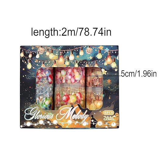 Holiday Lights Washi Tape Set, 6 Rolls Festive Christmas Decorative Tape with String Lights and Ornaments for Journaling Supplies, Scrapbooking, Card Making, Gift Wrapping and Holiday Crafts