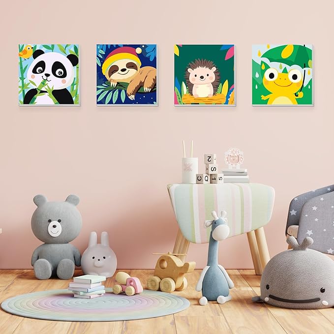 KEYIFA 4 Pack Framed Paint by Numbers Kit for Kids Age 6-12, Easy Animal Paintings for Adult Beginner, Framed Acrylic Canvas Painting for Home Decor Children Gift, 8x8 in (Sloth+Panda+Hedgehog+Frog)