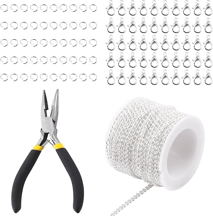 Rustark 102Pcs 4mm 30 Feet Silver Jewelry Making Chains Kit Thin Necklace Bracelet Chain Twisted Links Curb Chain with Jump Rings Lobster Clasps and Pliers for Bracelet Necklace Jewelry Making
