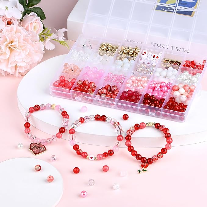 DUQGUHO Valentine's Day Beads for Jewelry Making, 8mm Red Pink White Glass Beads for Bracelet, Heart Beads Gold Bead and Sweet Heart Charms for Bracelet Necklace Crafts DIY 580PCS
