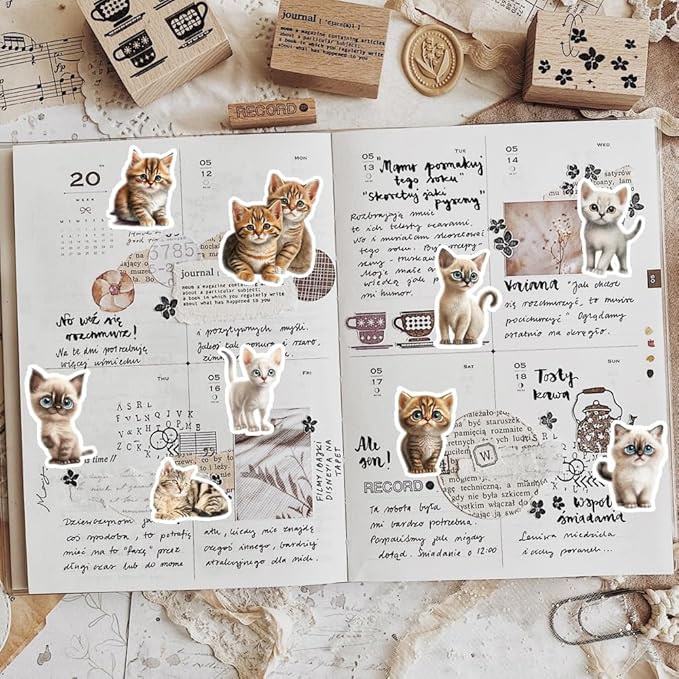 50Pcs Waterproof Vintage Stickers,Scrapbooking Supplies Kit,Aesthetic Decorative Craft Sticker for Planner, Bullet Journaling, Junk Journal, Water Bottles, Laptop, Retro Craft.Kitten