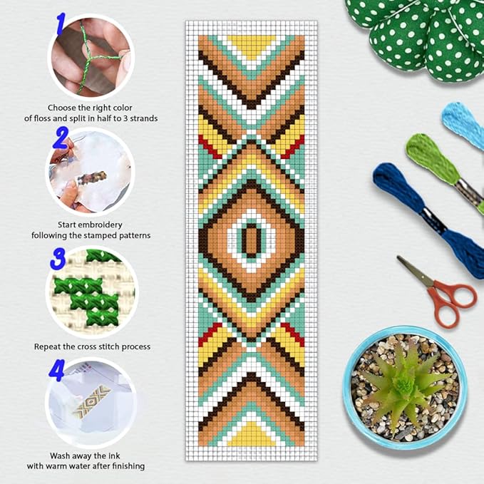 BEUNITONE Cross Stitch Bookmarks Kit 6 Pcs Geometric Pattern DIY Bookmarks Cross Stitch Kits for Beginners Boho Floral Fabric Bookmark Kit Traditional Decorative Counted Knitting Kit 8''x2.4''