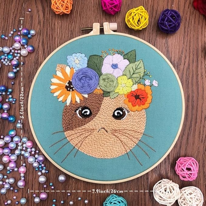 2 Pack Embroidery Kit for Beginners, Pet and Floral Patterns, Learn Different Stitches with Hand Embroidery Kit, 7.8' Hoop, Colored Threads and Needles, Gift for Adults Teens and Dog Cat Lovers (Cat)