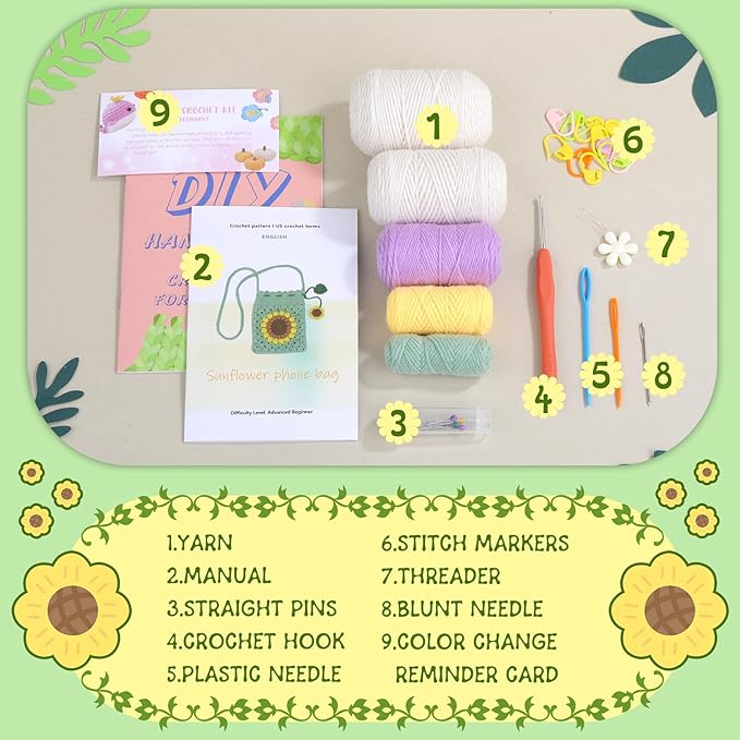 Pnytty Crochet Kit for Beginners Phone Bag Beginners Crochet Kit, Crochet Craft Starters Kits for Adults with Easy Step-by-Step Video Tutorials