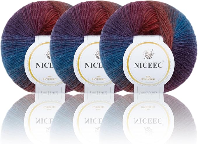 NICEEC 3 Skeins Rainbow Soft Yarn 100% Wool Gradient Multi Color Yarn for Crocheting Knit Total Length 180m×3(196yds×3,50g×3)-17#
