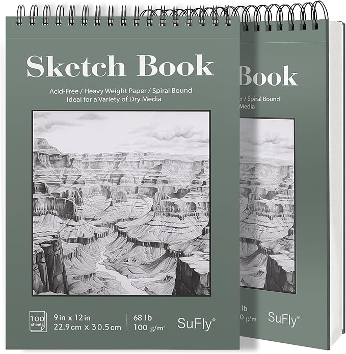 sufly 9"x12" drawing paper, pack of 2, 100 sheets each, top spiral sketch pad, 68lb/100gsm, white.