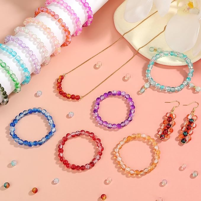 shynek 1400 Pieces 6mm Round Glass Beads for Bracelets, 28 Colors Bracelet Beads, Glass Crystal Beads for Jewelry Making, Bracelet Making and DIY Crafts(Crackle Color)