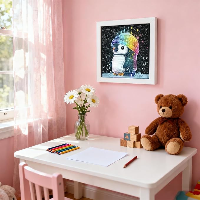 PERFECTSIGHT Cute 5D Diamond Art Kits with Wooden Frame, Kawaii DIY Painting Art for Adults Teen, Diamond Arts and Crafts Sets, Big Gem Full Drill Diamond Dots for Women Beginners (Penguin)
