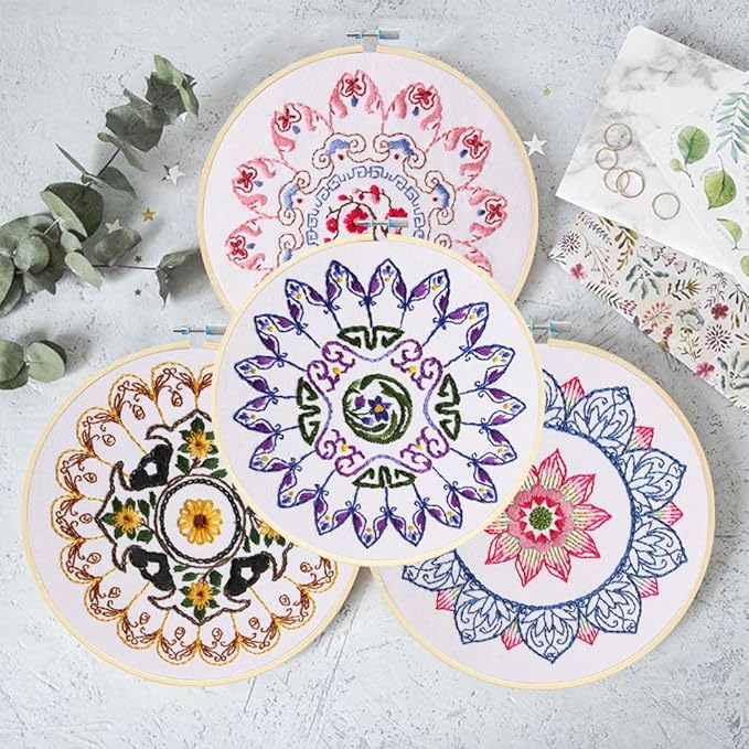 KISSBUTY Full Range of Embroidery Starter Kit with Pattern, Cross Stitch Kit Including Embroidery Fabricwith Floral Pattern, Bamboo Embroidery Hoop, Color Threads and Tools Kit (Blue Mandala)