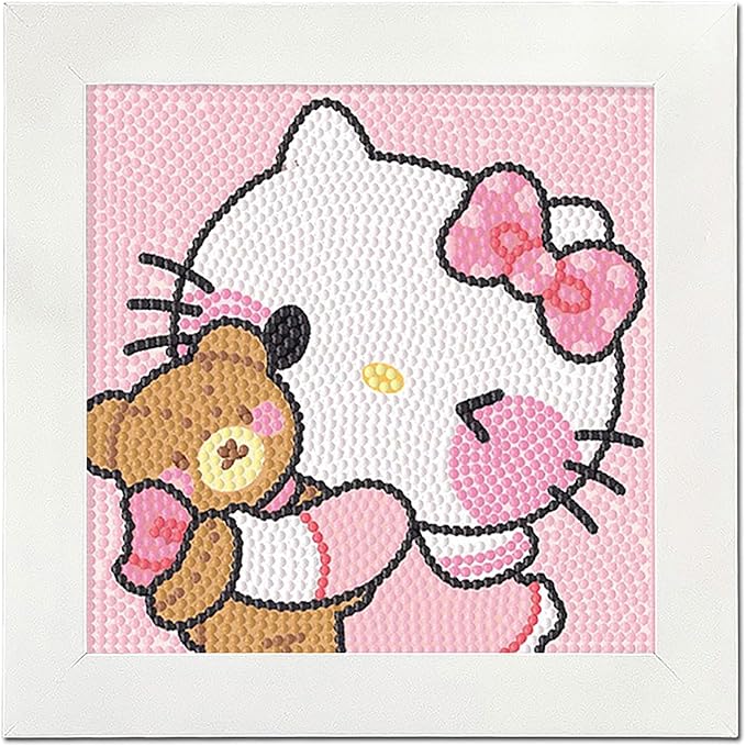PERFECTSIGHT Cute 5D Diamond Art Kits with Wooden Frame, Kawaii DIY Painting Art for Adults, Diamond Arts and Crafts Sets, Big Gem Full Drill Diamond Dots for Women Beginners (Pink Kitty)