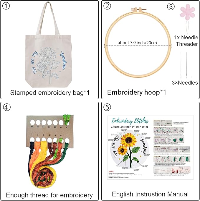 louise maelys embroidery kit canvas tote bag for beginners,cross stitch kits for adults,arts and diy crafts needlepoint with sunflower pattern,women shopping reusable grocery bags