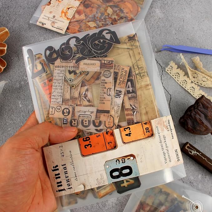 Vintage Scrapbook Kit, 90 Sheets Retro Tag Labels Collection, Scrapbooking Stickers and Decorative Papers Collage Materials, Ephemera for Junk Journal Supplies, Journaling, Crafts Arts, Scrap Booking