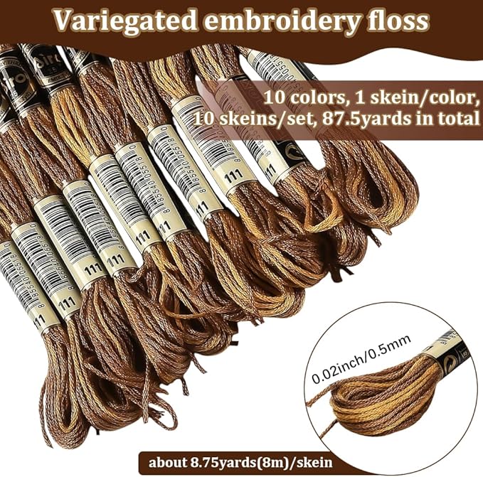 10 Skeins 6 Strands Brown Embroidery Floss Variegated Cross Stitch Thread Polyester Gradient Friendship Bracelet String Yarn Threads Bulk for Hand Sewing Jewelry Craft Crochet Cloth Bracelet
