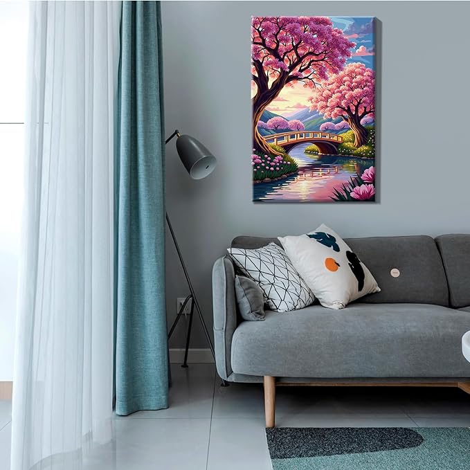 JOOZ Landscape Paint by Numbers Kit for Adults with Frame Sakura Paint by Number with Easel Mountain Adult Paint by Number Kits Framed Canvas F Lowers Oil Painting Kits for Home Wall Decor 8x12 Inch
