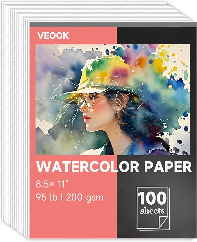VEOOK Watercolor Paper Bulk, 8.5"x11" Water Color Paper, 100 Sheets 95lb/200gsm Artist Painting Drawing Paper for Adults, Paint, Sketchbook, Journal, Art Supplies(WC-04)