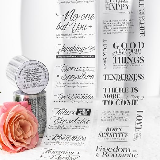 PET Tape Stickers for Scrapbooking Supplies, 6 Rolls of Lettering Themed Journal Stickers for Scrapbooking, Journaling, Junk Journal Supplies, DIY Crafts (Romance)