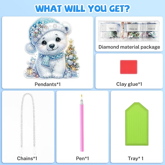 Bowetile Christmas Diamond Art Hanging Kits for Adults, 5D Special Shape Diamond Painting Kits Polar Bear, Crystal Gem Painting Arts and Crafts for Christmas Gifts for Home Garden Decor