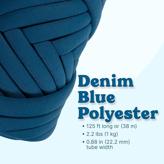 Light Weight Ultra Soft 2.2 LBS (1 kg) Chunky Yarn for Hand Knitting, Lush Polyester Fabric Tube Yarn to Make Handbags, Pillows, Blankets, Crafts (Denim Blue)