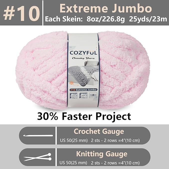 Chunky Yarn for Hand Knitting - #10 Chunky Chenille Yarn, Jumbo Big Thick Chunky Yarns for Crocheting, Super Bulky Chunky Knit Blanket Yarns, 8 Skein (25 yds 8 oz Each Skein), Blush Pink