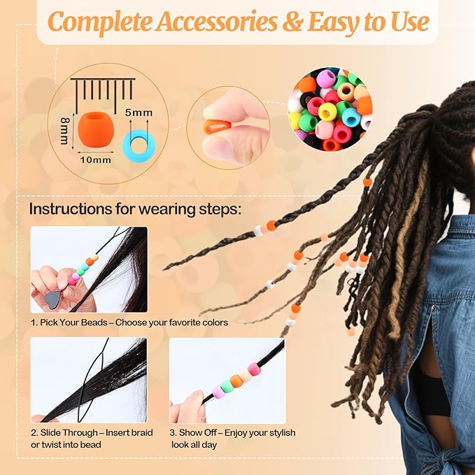 AD Beads 100PCS 6x9mm Soft Pony Silicone Beads for Hair, Mixed Color with 80 Elastic Bands, Tool and Storage Box Kit for Braids, Bracelet, Crafts
