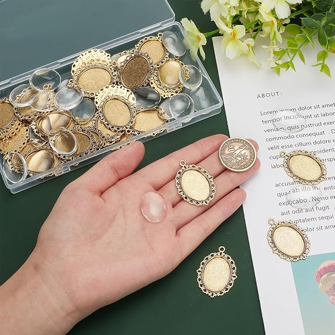 PH PandaHall 60pcs Gold Pendant Trays Kit, 30pcs Oval Blank Bezel Pendant Trays Base, 30pcs 25x18mm Glass Cabochon Dome Tiles for Bridal Wedding Bouquet Graduation Photo Charm Making DIY