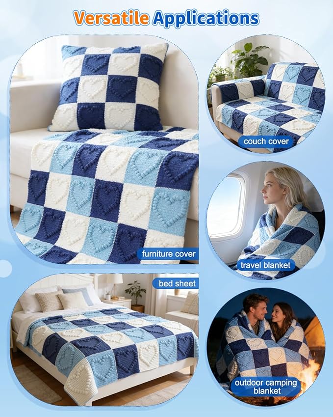 Coopay Crochet Blanket Kit for Beginners - 3D Love Granny Square Crochet Kit with Step-by-Step Video & Enough Yarns, Easy Bobble Blanket Crochet Kits for Adults, Ideal Gift for Craft Lovers (Blue)