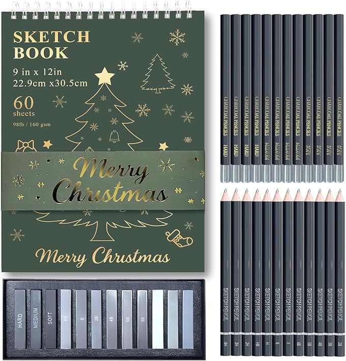 fuxi sketch pad and pencil set | stocking stuffers, art supplies for adults | gifts for artists, teen & beginners | complete drawing set with sketch book, sketch pencils, charcoal & graphite sticks.
