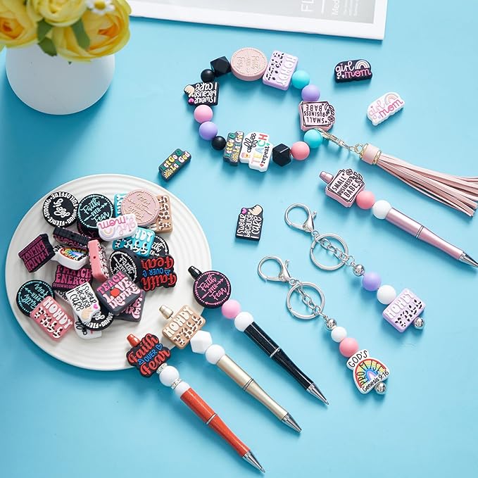 Zeyune 40 Pcs Silicone Focal Beads for Pens, Colorful Silicone Beads for Keychain Making DIY Graduation Gift Necklace Bracelet Jewelry Charms DIY Gifts for Friends Nurse Teacher(Inspirational Style)