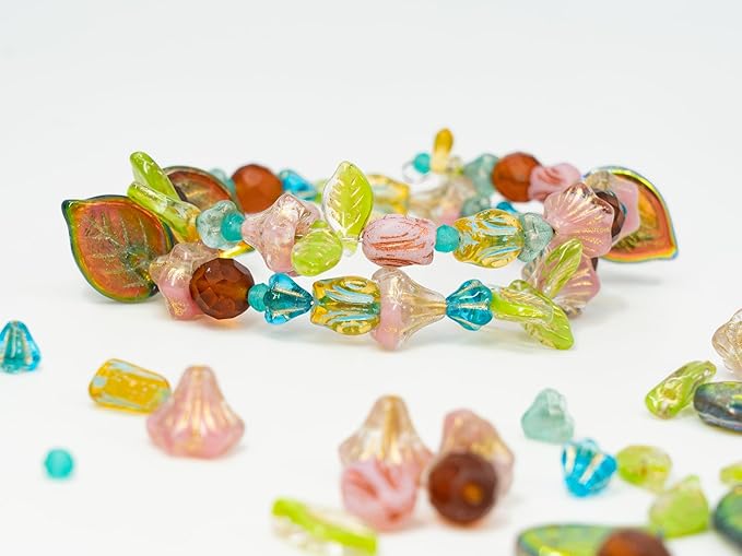 1.4oz (40g) Limited Mix of Czech Glass Beads, Hand Made Set Kit, Apple Leaf Beads Bell Flower Blue Beads and Pink Tulip Beads