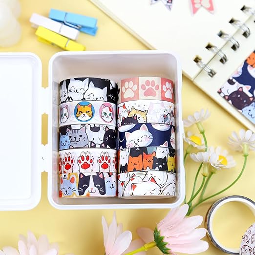 Cute Washi Tape Set, 12 Rolls Kawaii Cat Decorative Tape Cartoon Cat’s Paw Masking Tape for Journaling Supplies, Junk Journal, Scrapbooking, DIY Arts & Crafts, Planners, Gift Wrapping