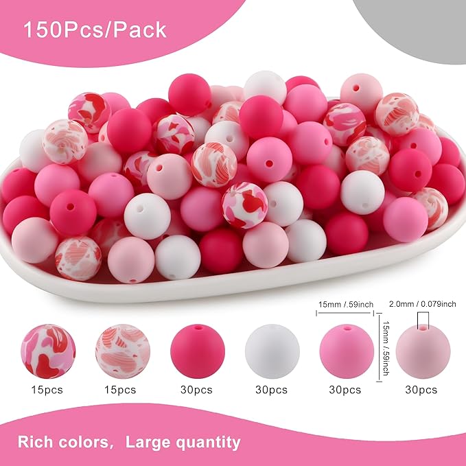 150Pcs Mixed Color 15mm Silicone Beads for Keychain Making, White Pink Print Silicone Beads for Pens and Bracelet Jewelry Making