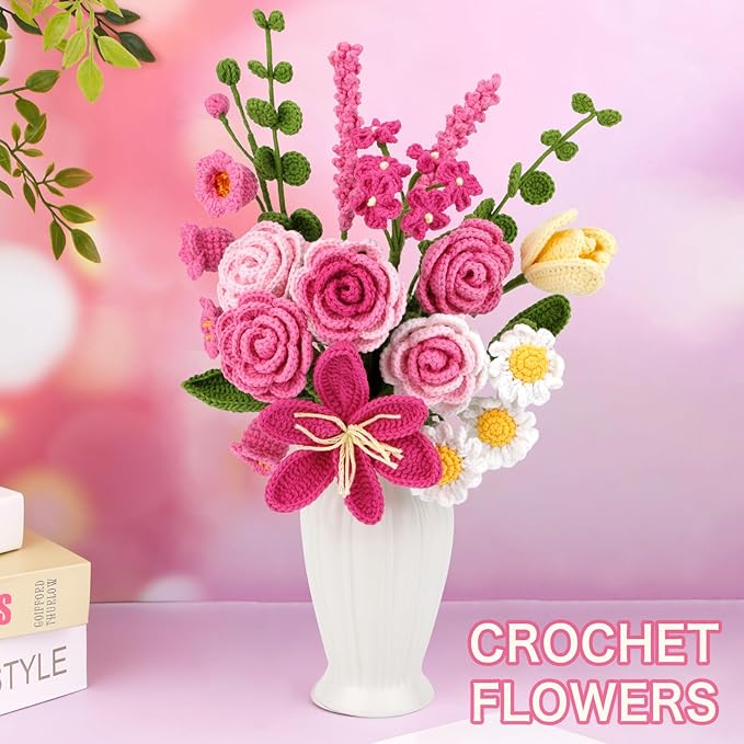 Iuuidu Crochet Kit for Beginners, Rose-Pink Flower Bouquet Crochet Kit, Knitting Kit with Step-by-Step Video Tutorials for Woman Birthday Anniversary Day Weddings Party Present, Home Decor
