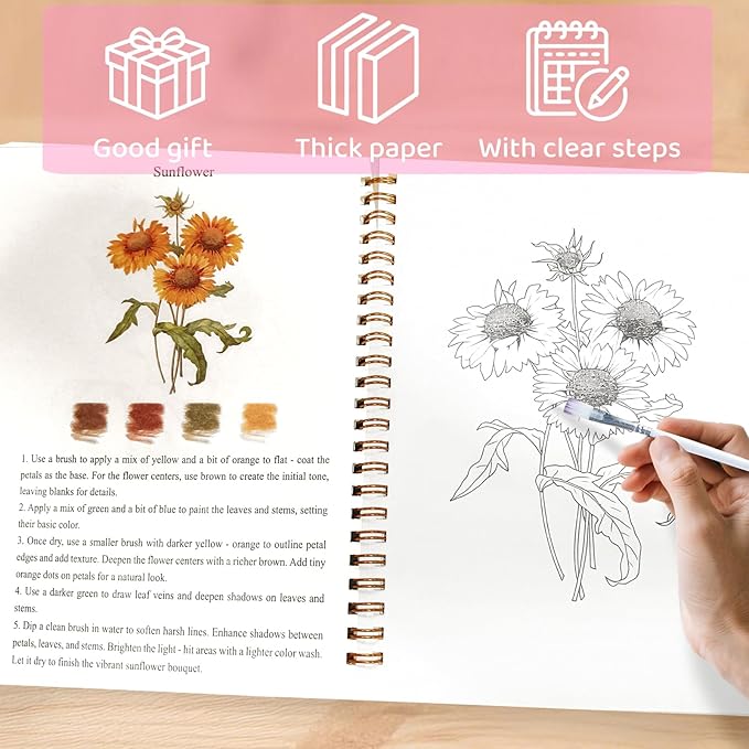 Watercolor Workbook Spring Flowers Coloring Book with 18 Colors Water Color Tutorial Instruction Painting Book Travel Kit Paint Set for Adults Beginners Artists