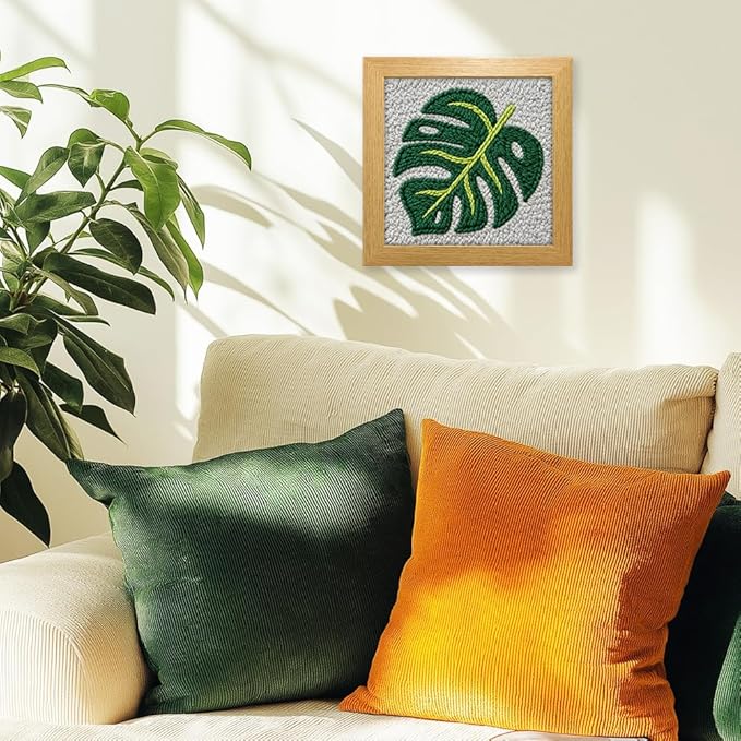 INFUNLY Green Leaf Punch Needle Kits for Beginners Monstera Delicious DIY Punch Needle Embroidery Kit with Instruction Plant Leaf Stamped Handcraft Rug Yarn Hooking Kit for Craft Lovers Home Decor