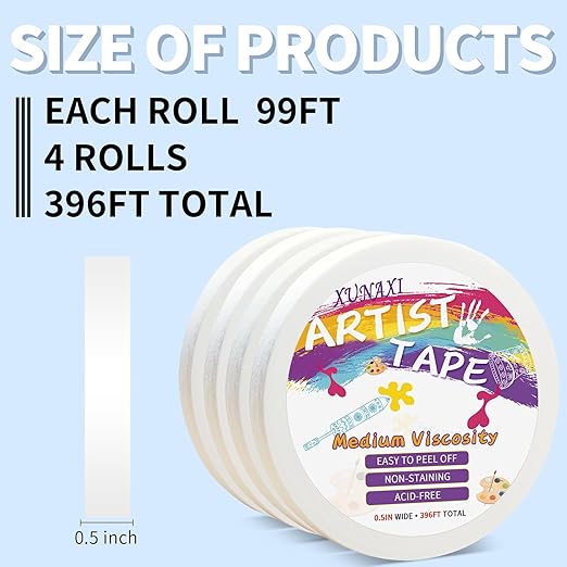 4 Packs Artist Tape Medium Tack White Art Tape for Watercolor Paper Drafting Art Painting Canvas Framing Acid Free Masking Tape- 0.5IN Wide 396FT Long Total