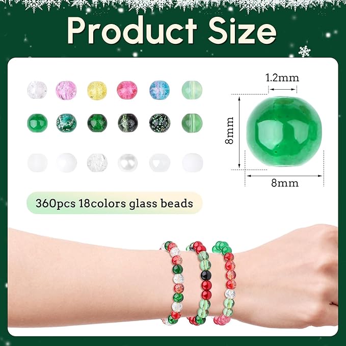 DUQGUHO Christmas Beads, Christmas Beads for Jewelry Making, 8mm Red Green White Round Glass Beads Kit 360PCS