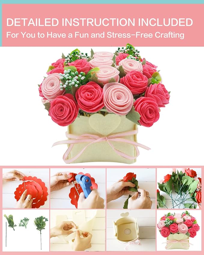 BAZIMA ALICE DIY Felt Flower Kit - Pink Rose Bouquet Kit, Floral Gifts - Arrange Pre-Cut Flowers and Foliage