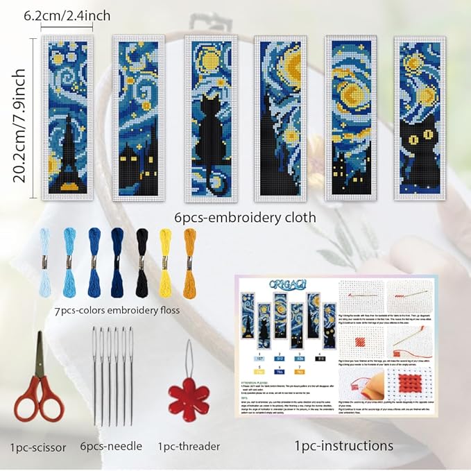 ORIGACH 6 Set Starry Night and Black Cat Cross Stitch Bookmark Kit for Beginner with Backing Felt Floss Instructions DIY Stamped Embroidery Bookmark Kit for Adults, Book Lovers