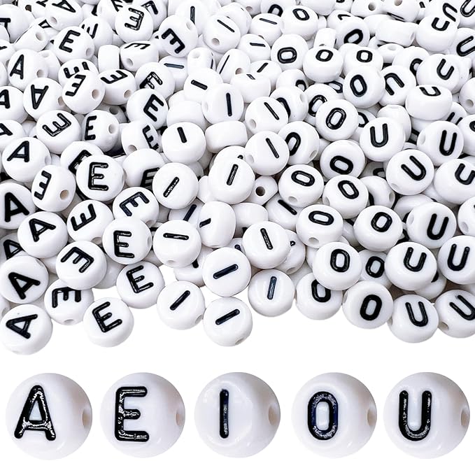 MIIIM 1000pcs Vowel Pony Letter Beads for Keychains Making (A, E, I, O, U), 4x7mm Round Letter Beads for Bracelets Making, Alphabets, Numbers (White and Black)