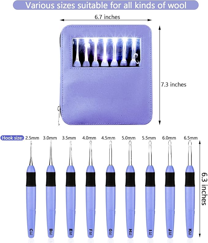 Chuangdi 9 Pieces Lighted Crochet Hooks with Case 9 Size LED Light Crochet Hooks Set Knitting Needles Craft Yarn Weaving Needles Comfortable Smooth Handle for Knitting, 2.5 mm-6.5 mm(Purple)