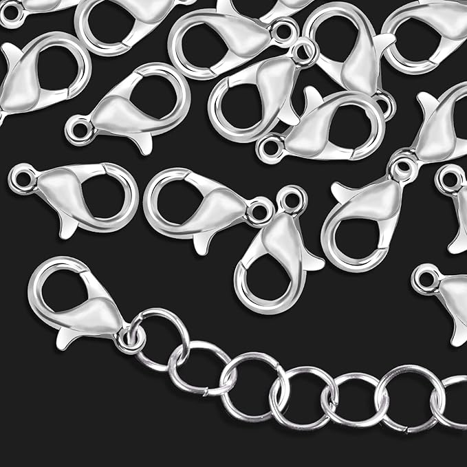 400PCS Lobster Claw Clasps with Open Jump Rings Kit, Bracelet Necklace Silver Fasteners Hooks for DIY Craft Jewelry Making, 12mmX7mm