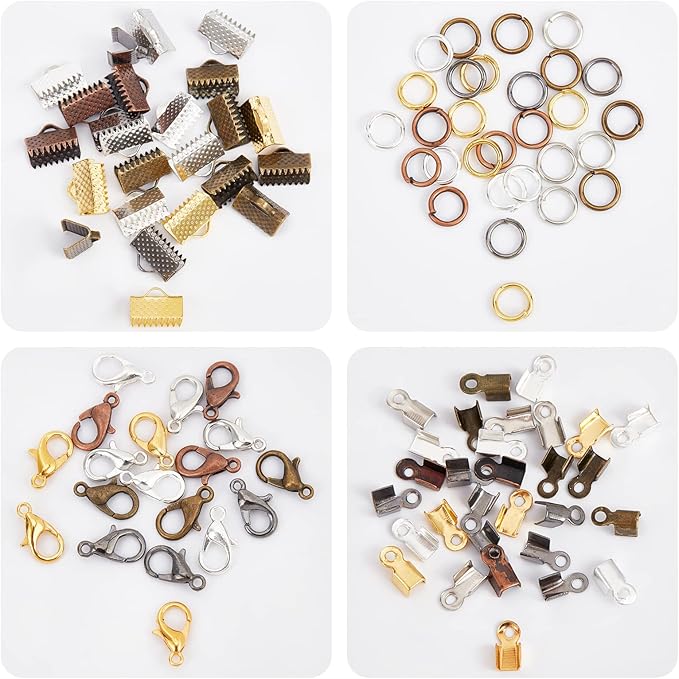 PH PandaHall About 2580Pcs Jewelry Finding Kits of Fold Over Iron Cord Ends Ribbon End Jump Rings and Lobster Claw Clasps in 6 Colors Mixed Sizes